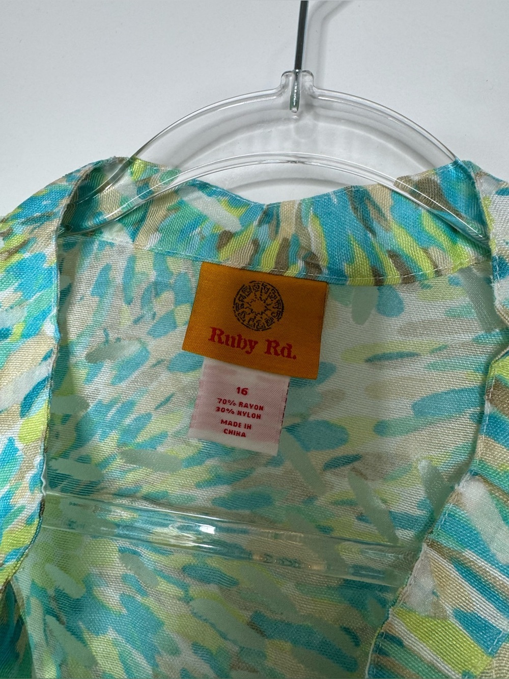 Ruby Rd. Green Teal Floral Button-Front Women's sheer blouse tropical sheer 16 - Picture 2 of 3